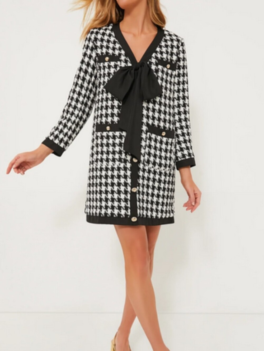 Pomander Place Black & White Houndstooth Tie-Front Coat